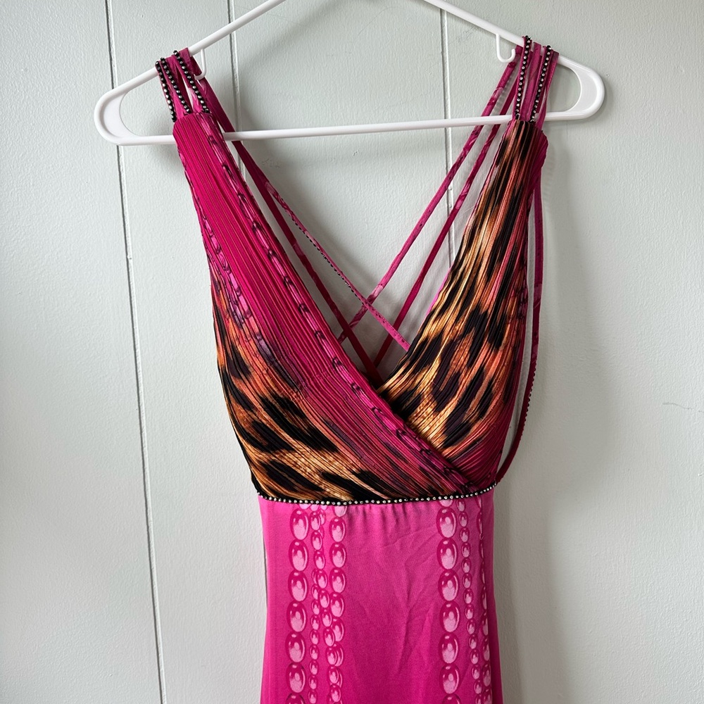 CeCe forever Pink Bodycon Cheetah Maxi Dress Plunge Neckline Open Back Dress - Picture 3 of 16
